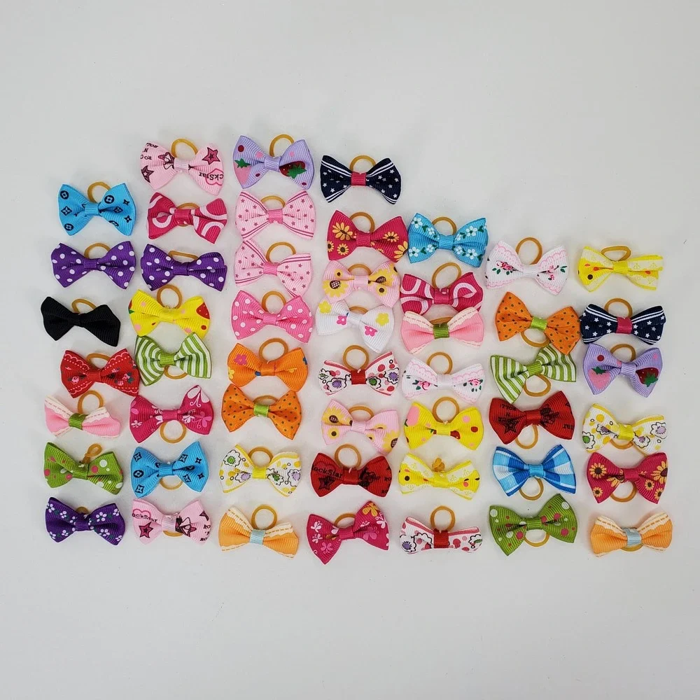 50pc Bulk Lot Mini Grosgrain Ribbon Hair Bows Small Elastic Bands Pet Grooming